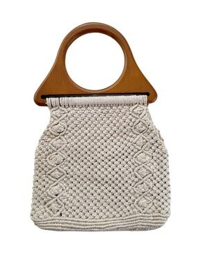 Vintage 1970s Macramé Wood Handle Bag Floral Lining